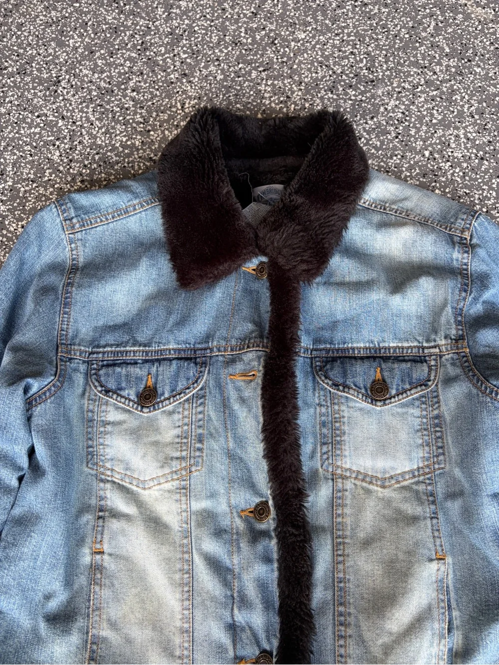 Cambridge Dry Goods Blue Denim Jacket with Black Faux Fur Trim